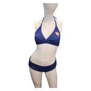 Vintage 70's Heart Cutout 2 piece Bikini Swimsuit Womens Size 12 Blue Swimwear
